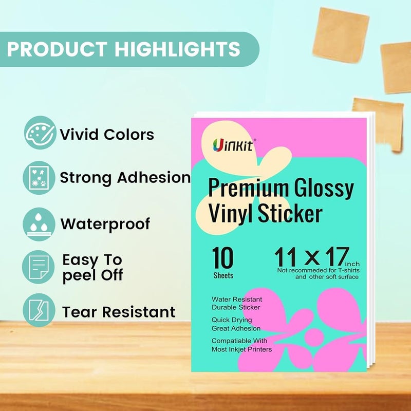 Uinkit Premium Vinyl Sticker for Inkjet Printer 11x17 inch Glossy White Sticker Paper 10Sheets Waterproof Label Vivid Color,Tear-Resistant, Removable - Image 3